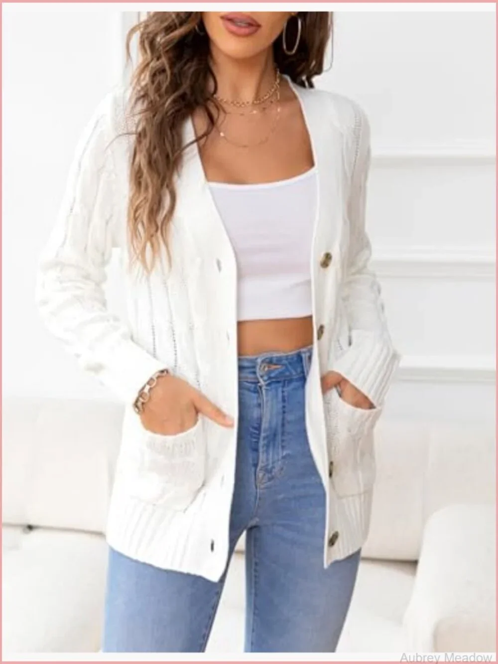 Women's Cardigan Sweater Open Front Cable Knit Button Down Casual